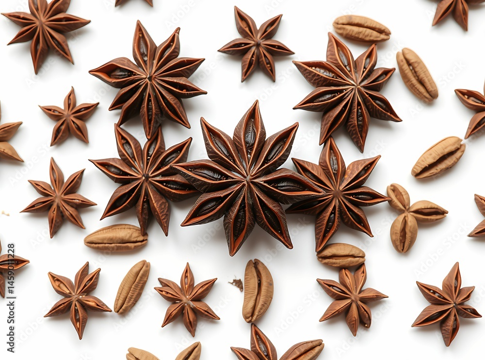 Top View of Dried Star Anise and Coffee Beans Arranged on White Background
Top View of Dried Star Anise and Coffee Beans Arranged on White Background