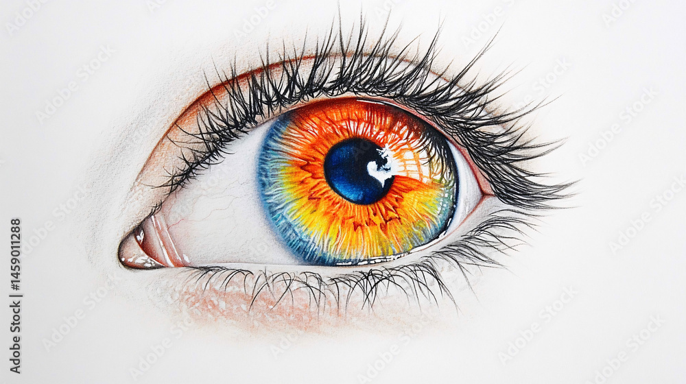 A hyperrealistic eye with a fiery red, orange, and blue iris, reflecting intense focus and imagination. A hyperrealistic eye with a fiery red, orange, and blue iris, reflecting intense focus and imagination.