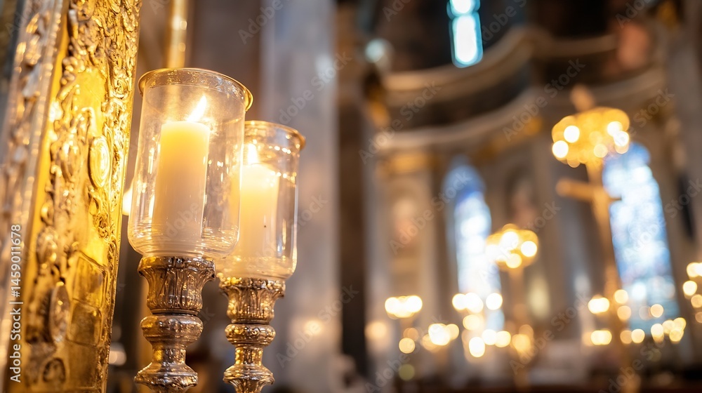 Two lit candles in ornate glass holders on a golden altar, church interior softly blurred in background, warm candlelight ambiance. : Generative AI Two lit candles in ornate glass holders on a golden altar, church interior softly blurred in background, warm candlelight ambiance. : Generative AI