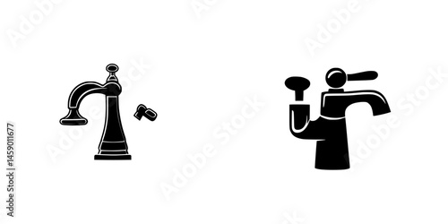 Collection of flat black faucet icons representing different styles of water taps for design purposes