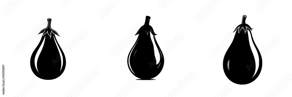 Black flat icons of eggplant illustrations representing various angles with a minimalist design Black flat icons of eggplant illustrations representing various angles with a minimalist design