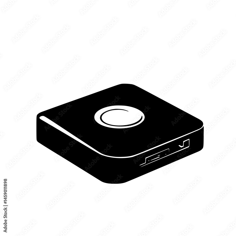 Fototapeta premium Compact black icon representing a rectangular device with a circular button on top and a port on the side for connectivity