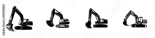 Construction equipment icons displaying various types of excavators in flat black design for industry applications and use