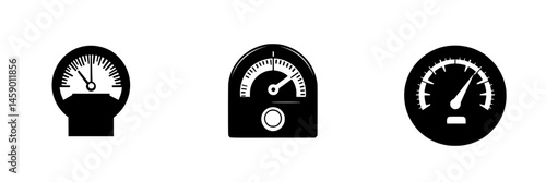Flat black icons of various gauges depicting measurement scales commonly used in engineering and design for visual representation