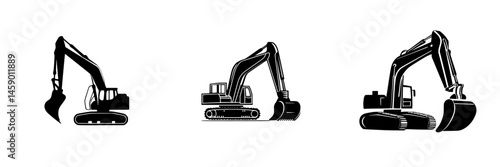 Flat black icons depicting excavators in three different positions for construction-related concepts