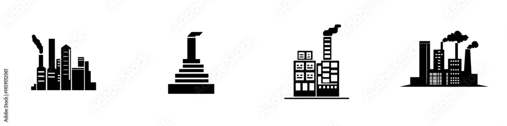 Naklejka premium Black icon set representing industrial buildings, smokestacks, and urban structures in a minimalist design featuring environmental themes