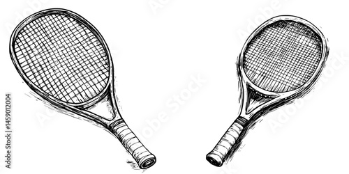 Black flat icon depicting two tennis rackets positioned at different angles for a sports design or graphic application