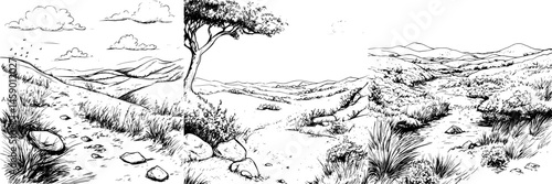 Black icon depicting a serene landscape with hills, rocks, and trees under a cloudy sky ideal for design projects
