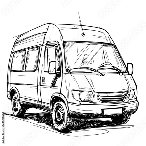 Vintage style sketch of a flat black van with intricate detailing showcasing a classic design and functional features for daily use
