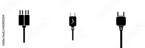 Icon collection of three flat black electrical connectors on a white background showcasing various plug designs used for devices