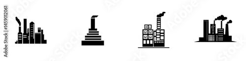 Black icon set representing industrial buildings, smokestacks, and urban structures in a minimalist design featuring environmental themes