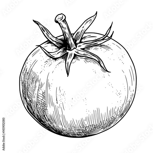Detailed black outlined icon depicting a ripe tomato with a green stem and leaves illustrated from a close perspective