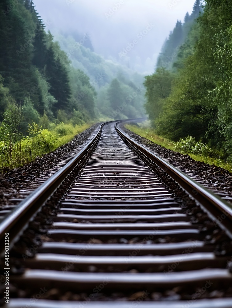 Fototapeta premium A lone railway track curves gently through a misty, green forest, disappearing into the distance, creating a sense of mystery and journey. : Generative AI