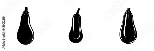 Flat black icons of various squash types illustrating vegetable diversity and design simplicity