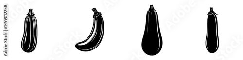Black icon representation of assorted vegetables featuring eggplant, zucchini, and squash in a minimalist style