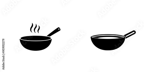 Icon set featuring a steaming frying pan and a simple bowl with handle designed for cooking applications