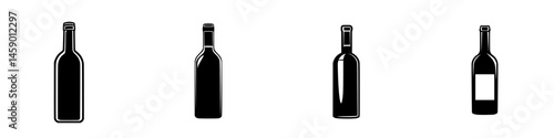 Flat black icon set featuring different wine bottle silhouettes in various styles and shapes for graphic design use