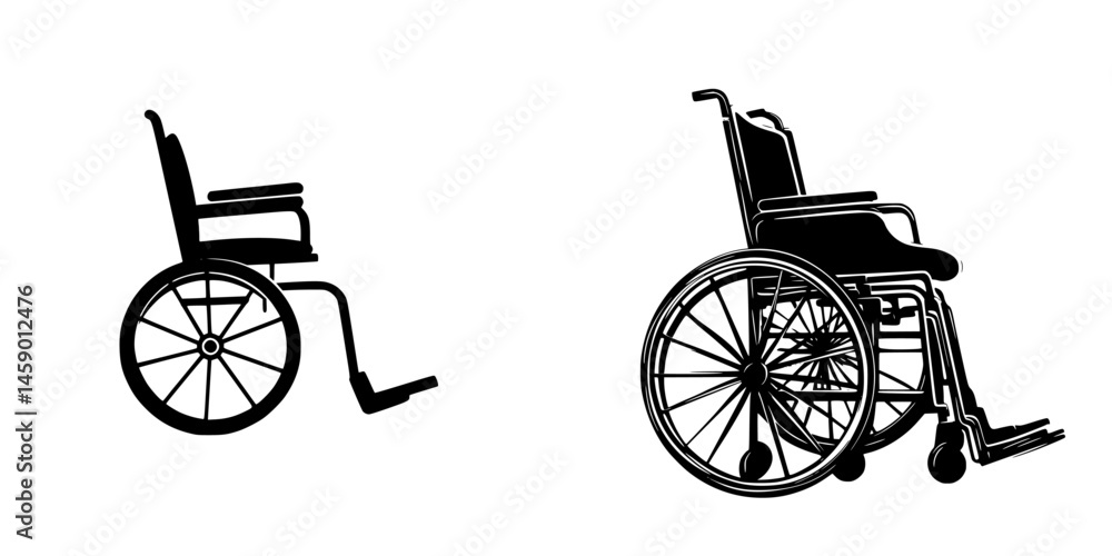 Fototapeta premium Flat black icon illustrating two different wheelchairs emphasizing mobility and accessibility in design