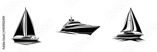 Stylized flat black nautical icons featuring various types of boats on a plain background