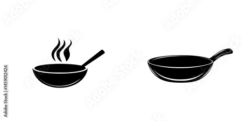 Flat black icons of a cooking pan with steam and a frying pan for culinary design and kitchen decoration