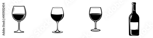 Flat black icon set of wine glasses and a bottle arranged in a linear design highlighting various wine vessel forms