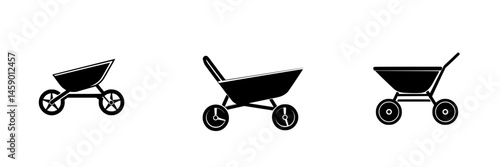Collection of flat black wheelbarrow icons designed for construction or gardening purposes, showing various styles and angles