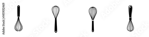 Various flat black whisk designs suitable for cooking and baking, showcasing different styles and shapes for culinary use