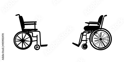 Flat black icon of two different wheelchair designs showcasing accessibility solutions in modern mobility aids