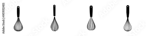Flat black whisk icons displayed in a row, representing essential kitchen tools for mixing and blending ingredients