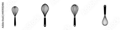 Flat black icons of kitchen whisks varying in styles and designs suitable for culinary graphics or recipe themes