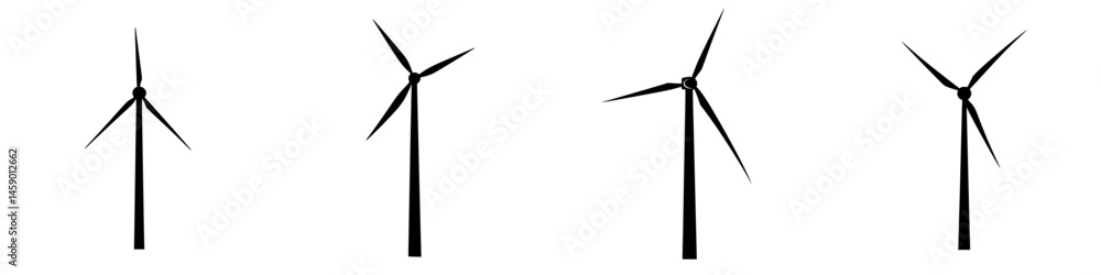 Flat black icon representation of various wind turbine designs showcasing renewable energy solutions Flat black icon representation of various wind turbine designs showcasing renewable energy solutions