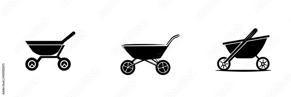 Flat black icons of wheelbarrows in three styles commonly used in construction and gardening activities Flat black icons of wheelbarrows in three styles commonly used in construction and gardening activities