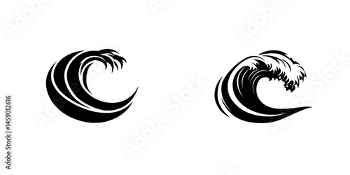 Black wave icons featuring stylized ocean movement representing energy and nature in a simple design for various applications
