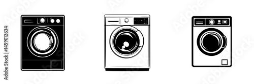 Collection of flat black washing machine icons showcasing various designs and features for modern home appliances