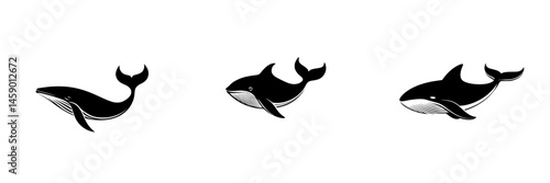 Flat black whale icons depicting three different swimming positions in simple, minimalist design