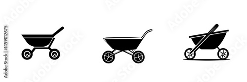 Flat black icons of wheelbarrows in three styles commonly used in construction and gardening activities
