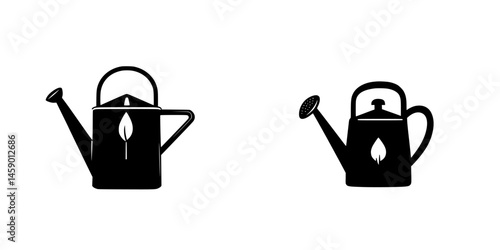 Design featuring flat black watering can icons with a flame motif illustrating gardening accessories for plant enthusiasts