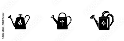 Collection of flat black watering can icons suitable for gardening and plant care applications