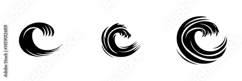 Stylized black wave icon series representing ocean movement and energy