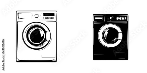 Modern flat black washing machine icon alongside white washing machine icon for home appliance design