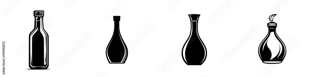 Collection of flat black icons of various bottle shapes for graphic design and illustration projects Collection of flat black icons of various bottle shapes for graphic design and illustration projects