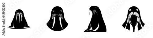 Various flat black icons of walruses showcasing distinct designs and expressions perfect for educational and artistic purposes