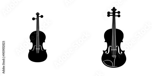 Black flat design of violin illustrations showing stringed musical instrument variations in size