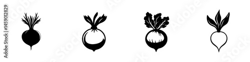 Flat black icons of radishes in various styles displayed for design purposes or digital art projects showcasing vegetables