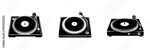 Flat black icon of three vintage turntables arranged side by side, showcasing their classic design and compact structure for music enthusiasts