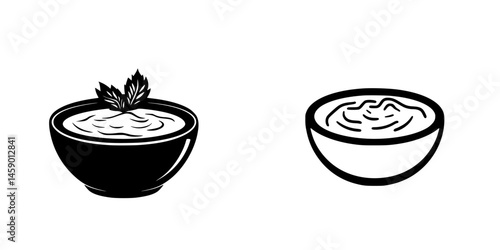 Various flat black icons depicting bowls of soup with different designs and styles for culinary use