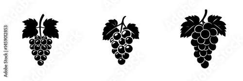 Grapes depicted in flat black icons showcasing different styles and arrangements for design purposes