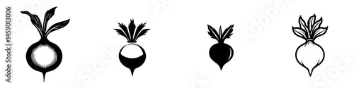 Collection of flat black icons representing various types of radishes with distinct leaf designs and shapes