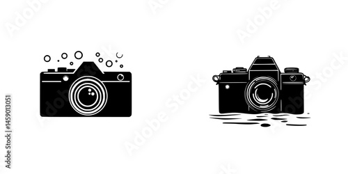 Flat black camera icons depicting a classic camera and a waterproof variant for photography enthusiasts and design elements