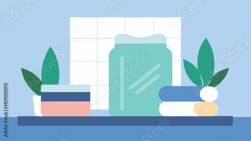Hydrating Ritual A serene bathroom scene with a moisturizer jar soft towels and a plant showcasing a peaceful skincare ritual emphasizing hydration and the benefits of exosomes.